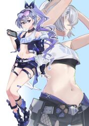 1girl absurdres arms_up bare_legs bare_shoulders black_choker black_footwear black_gloves black_jacket black_shorts black_tank_top blue_background boots choker crop_top fingerless_gloves fishnets gloves gradient_background grey_hair highres holding honkai:_star_rail honkai_(series) jacket jaihu long_hair long_sleeves looking_at_viewer midriff multicolored_hair multiple_views navel ponytail purple_eyes purple_hair shirt short_shorts shorts silver_wolf_(honkai:_star_rail) single-shoulder_shirt stomach tank_top thigh_strap thighs very_long_hair white_background white_shirt