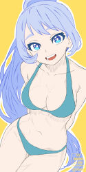 1girl arms_behind_back bad_link bare_shoulders bikini blue_bikini blue_eyes boku_no_hero_academia breasts cleavage hado_nejire highres long_hair looking_at_viewer medium_breasts navel open_mouth ponytail purple_hair skindentation solo standing stomach swimsuit teeth thigh_gap very_long_hair xel4 yellow_background