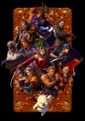 3girls 6+boys absurdres armor bandana beard black_hair blonde_hair cyan_garamonde celes_chere dagger dave_rapoza edgar_roni_figaro everyone facial_hair fangs final_fantasy final_fantasy_vi gau gloves gogo green_hair grey_hair highres horns knife locke_cole sabin_rene_figaro mask mog multiple_boys multiple_girls muscular mustache pantyhose parted_lips ponytail relm_arrowny serious setzer_gabbiani shadow_(ff6) smile strago_magus sword tina_branford turban umaro weapon whiskers wings