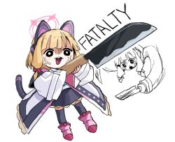 0_0 1girl anger_vein angry animal_ears black_skirt black_thighhighs blonde_hair blue_archive boots bow cat_ears cat_tail chibi coat death_momoi_(meme) english_text engrish_text fake_animal_ears fake_tail furious gbsangou hair_bow halo holding holding_knife huge_weapon knife long_sleeves looking_at_viewer medium_hair meme momoi_(blue_archive) multiple_views open_mouth pink_boots pink_bow ranguage sidelocks skirt tail teeth thighhighs upper_teeth_only weapon white_background white_coat