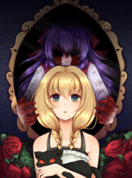 2girls animal black_sclera blonde_hair blood blood_on_hands bloody_tears bow braid cat chanpotei colored_sclera dress ellen_(majo_no_ie) english_text flower green_eyes hair_bow highres holding holding_animal holding_cat horror_(theme) leaf long_hair majo_no_ie mirror multiple_girls open_mouth purple_hair red_bow red_flower red_rose rose through_medium through_mirror twin_braids vignetting viola_(majo_no_ie) white_dress