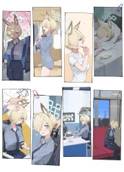 Rule 34 | 1girl, absurdres, adjusting clothes, adjusting necktie, animal ears, black pantyhose, black skirt, blonde hair, blue archive, breasts, brushing teeth, can, canned coffee, charging device, collage, commentary, dog ears, doodle sensei (blue archive), dressing, drink can, english commentary, giving, grey shirt, hair over one eye, halo, highres, jacket, kanna (blue archive), kanna (young) (blue archive), large breasts, long sleeves, lonklink, montage, multiple views, necktie, official alternate hair length, official alternate hairstyle, one eye covered, open clothes, open jacket, paid reward available, pantyhose, police, police uniform, sensei (blue archive), sharp teeth, shirt, shirt tucked in, short hair, skirt, teeth, tie clip, train interior, unworn jacket, working, yawning