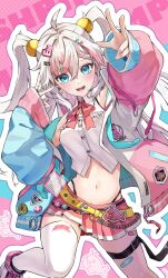 1girl :d ahoge aqua_eyes asymmetrical_sleeves badge bandaid bandaid_on_leg belt ben-day_dots black_belt bow bowtie braid braided_bangs breasts button_badge character_name collared_shirt commentary_request commission cowboy_shot cropped_shirt earrings frilled_shirt frills hair_between_eyes hair_bobbles hair_ornament hairclip hairpin highleg highleg_panties highres id_card indie_virtual_youtuber jacket jewelry kuronyan9630 light_blush long_sleeves lower_teeth_only medium_breasts microskirt midriff mismatched_sleeves multiple_hairpins navel off_shoulder open_clothes open_mouth outline panties pink_belt pink_jacket pink_skirt pleated_skirt puffy_long_sleeves puffy_sleeves red_bow red_bowtie screentones shirt shoes shrimp single_thighhigh skeb_commission skindentation skirt sleeveless sleeveless_shirt sleeves_past_wrists smile sneakers solo star_(symbol) star_earrings teeth thigh_belt thigh_strap thighhighs two_side_up underwear ushio_ebi v w white_hair white_outline white_shirt white_thighhighs yellow_belt zipper_pull_tab