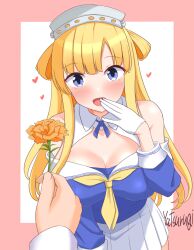 1girl breasts cleavage double_bun fletcher_(kancolle) flower gloves hair_bun hairband heart highres holding holding_flower kantai_collection large_breasts looking_at_viewer miniskirt neckerchief off_shoulder orange_flower pleated_skirt pov sailor_collar school_uniform serafuku skirt solo_focus white_gloves white_sailor_collar white_skirt yatsurugi yellow_neckerchief