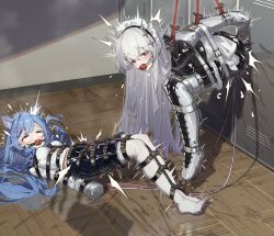 2girls absurdres ahegao armbinder arms_behind_back artist_request ball_gag bdsm blindfold blue_hair bodysuit bondage bound breasts forced_orgasm gag gagged highres latex latex_bodysuit legbinder long_hair looking_at_viewer maid_headdress midriff_peek multiple_girls orgasm original purple_eyes pussy_juice restrained saliva shibari shibari_over_clothes shirt small_breasts suspension very_long_hair white_hair white_shirt wiffle_gag
