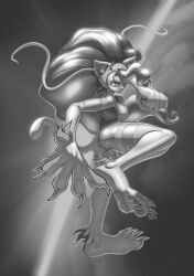 Rule 34 | 1girl, animal ear fluff, animal ears, animal feet, animal hands, anus, artist name, ass, bare shoulders, barefoot, big hair, body fur, bottomless, breasts, cat ears, cat girl, cat tail, claws, cleft of venus, clenched hand, covered erect nipples, earth (planet), feet, felicia (darkstalkers), female focus, fighting stance, full body, grey background, grey theme, greyscale, highres, leg up, legs, long hair, looking at viewer, medium breasts, monochrome, outline, pawpads, planet, pussy, revealing clothes, rockthebull, signature, solo, space, standing, standing on one leg, star (sky), sweat, tail, thighs, toes, uncensored, v-shaped eyebrows, darkstalkers, very long hair, white outline