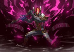 Rule 34 | 1boy, absurdres, armor, black bodysuit, bodysuit, brown armor, brown helmet, helmet, highres, kamen rider, kamen rider gavv (series), kamen rider valen, otokamu, power armor, purple background, solo