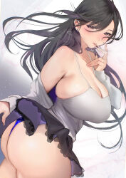 1girl absurdres ass black_hair black_skirt blush breasts brown_eyes camisole cleavage collarbone commentary_request ear_piercing finger_to_mouth gradient_background highres inushima jacket large_breasts long_hair long_sleeves looking_at_viewer original panties piercing purple_panties simple_background skirt solo standing underwear veins veiny_breasts white_background white_camisole white_jacket