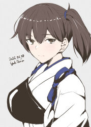 1girl artist_name black_hair brown_eyes dated grey_background highres japanese_clothes kaga_(kancolle) kantai_collection muneate side_ponytail signature simple_background solo taira_yuuki tasuki upper_body
