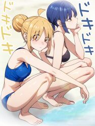 beach bikini black_bikini blonde_hair blue_bikini blue_hair bocchi_the_rock! ear_piercing hair_bun hair_ornament hairclip highres ijichi_nijika looking_at_viewer ocean piercing red_eyes ryuhirohumi sand swimsuit tagme translation_request yamada_ryo yellow_eyes