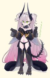 1girl aged_down bare_shoulders black_hands black_panties black_thighhighs body_markings breasts colored_extremities crossed_bangs demon_girl demon_horns detached_collar earrings fate/grand_order fate_(series) feathered_wings full_body green_eyes grey_hair hair_between_eyes highres horns jewelry lace_trim lilith_(fate) lilith_(third_ascension)_(fate) long_hair long_sleeves looking_at_viewer navel niwaikanai panties pointy_ears puffy_long_sleeves puffy_sleeves skeletal_tail small_breasts solo stomach_tattoo tattoo thighhighs translation_request underwear very_long_hair wings