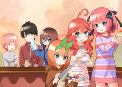 1boy 5girls ^_^ ahoge animal_costume antenna_hair artist_request bags_under_eyes black_hair black_ribbon blue_eyes blue_pajamas blue_shirt blunt_bangs blush bow breasts brown_hair brown_hoodie butterfly_hair_ornament buttons cake cheek_poking closed_eyes closed_mouth commentary_request cream cream_on_face deformed double-parted_bangs dress drooling eyelashes fanged_bangs food food_bite food_on_face fork fruit furrowed_brow go-toubun_no_hanayome green_bow grey_shirt hair_between_eyes hair_bow hair_ornament hair_ribbon hair_rings handkerchief hands_up headphones headphones_around_neck highres holding holding_cake holding_food holding_fork holding_handkerchief holding_knife holding_plate hood hood_down hoodie jacket kitchen_knife knife long_bangs long_sleeves looking_at_another looking_at_object looking_back looking_down looking_to_the_side medium_breasts medium_hair mouth_drool multicolored_dress multiple_girls nakano_ichika nakano_itsuki nakano_miku nakano_nino nakano_yotsuba notice_lines open_hand open_mouth orange_background orange_hair pajamas pants parted_lips pink_hair plate poking purple_dress purple_hair quintuplets red_dress red_hair red_jacket reindeer_costume ribbon santa_claus shirt shirt_bow short_dress short_hair siblings sidelocks single_hair_ring sisters sleeve_cuffs smile standing star_(symbol) star_hair_ornament strawberry strawberry_shortcake striped_clothes striped_dress striped_pants striped_shirt sweatdrop swept_bangs teeth thighs track_jacket two_side_up uesugi_fuutarou upper_teeth_only wavy_hair white_bow white_pants white_shirt wiping wiping_face yellow_eyes zipper zipper_pull_tab