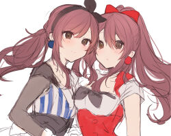 Rule 34 | black bow, blush, bow, breasts, buttons, earrings, highres, idolmaster, idolmaster shiny colors, ikeuchi tanuma, jewelry, long hair, osaki amana, osaki tenka, red eyes, smile, twintails