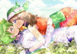Rule 34 | 1boy, 1girl, bare shoulders, blue eyes, blue sky, blush, brown hair, cloud, cloudy sky, clover, commission, day, dress, eye contact, from side, girl on top, green eyes, green hair, green headwear, highres, jacket, kou hiyoyo, long sleeves, looking at another, lying, may (pokemon), nintendo, on back, orange dress, outdoors, pants, parted lips, pixiv commission, pokemon, pokemon emerald, pokemon rse, sky, sleeveless, sleeveless dress, sweat, wally (pokemon), white jacket, white pants