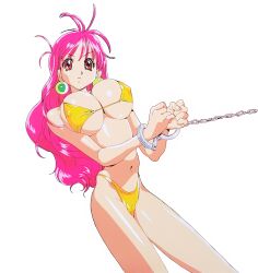 1990s_(style) 1girl angry bikini bound bound_wrists breasts chain cleavage cool_devices covered_erect_nipples cowboy_shot cuffs earrings handcuffs jewelry kirei_(cool_devices) kotoyoshi_yumisuke large_breasts long_hair looking_at_viewer navel non-web_source official_art pink_hair red_eyes retro_artstyle shiny_skin simple_background solo swimsuit white_background yellow_bikini