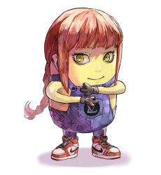 1other absurdres air_jordan air_jordan_1 airpods black_gloves braid chainsaw_man commentary commission cosplay despicable_me drip_(meme) english_commentary fusion gloves highres louis_vuitton_(brand) makima_(chainsaw_man) makima_(chainsaw_man)_(cosplay) meme minion_(despicable_me) nike_(company) no_humans overalls parody red_hair shoes smile sneakers solo subakeye what wireless_earphones yellow_eyes