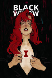 1girl artist_name avengers_(series) black_background black_bodysuit black_nails black_widow bodysuit character_name chest_tattoo cyberpumpkinpie earrings fingernails gold_earrings green_eyes hair_between_eyes hands_up highres jewelry lips long_hair looking_at_viewer marvel nail_polish natasha_romanoff open_bodysuit open_clothes red_hair red_lips red_pupils simple_background solo superhero_costume tattoo teeth upper_body wavy_hair