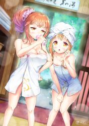1boy 1girl bath bathing blush breasts brother_and_sister covering_privates drinking highres kodomo_no_hi large_breasts looking_at_viewer mixed-sex_bathing multiple_girls naked_towel natsusora_aona natsusora_wakana novady original pale_skin ponytail shared_bathing shiny_skin shoulderblades siblings standing steam steaming_body towel trap twins wading water wet