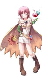1girl alchemist_(ragnarok_online) blush boots breasts brown_boots brown_cape cape closed_eyes dress elbow_gloves fingerless_gloves flask folding_fan full_body fur_collar gloves green_gloves hand_fan holding holding_fan large_variant_set medium_breasts medium_hair miyase_mahiro official_art open_mouth pink_hair potion ragnarok:_guild_masters ragnarok_online raised_eyebrows round-bottom_flask short_dress simple_background solo standing strapless strapless_dress transparent_background variant_set white_dress