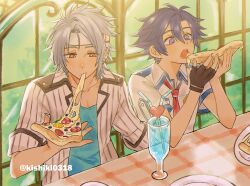 2boys absurdres alternate_costume artist_name blue_hair cheese commentary_request crow_armbrust drinking_straw eating eiyuu_densetsu food glass grey_hair headband highres holding holding_food holding_pizza implied_handjob implied_yaoi indoors kishiki0318 male_focus medium_hair multiple_boys open_mouth pizza purple_eyes rean_schwarzer red_eyes sen_no_kiseki_(series) sen_no_kiseki_i sitting sweat twitter_username white_headband yaoi