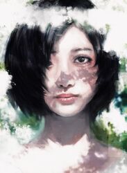 1girl black_eyes black_hair closed_mouth eyelashes hair_over_one_eye highres kirishima_touka leaf lips looking_at_viewer neck nose portrait realistic red_lips shade shadow short_hair simple_background solo tokyo_ghoul xa8uofivf2mcart