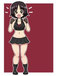 1girl adapted_costume alina_(girls_und_panzer) blush breasts brown_eyes brown_gloves cleavage collarbone girls_und_panzer gloves looking_at_viewer midriff military_uniform miniskirt multiple_girls navel open_mouth pravda_military_uniform red_background short_hair simple_background skirt smile takahashi_kurage