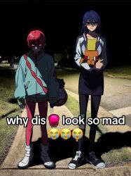 2girls amate_yuzuriha black_sky conch_(gundam) crying_emoji emoji english_text face_in_shadow full_body glaring gundam gundam_gquuuuuux highres jacket kitsune_(ly_howe) leggings long_hair mecha_pilot_suit meme multiple_girls night non-humanoid_robot nyaan_(gundam_gquuuuuux) outdoors photo_background pink_eyes purple_hair red_hair robot shaded_face shoes short_hair side-by-side sidewalk skirt sky standing why_dis_ninja_look_so_mad_(meme) yellow_eyes