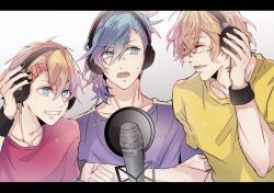 Rule 34 | 3boys, :d, ^ ^, asymmetrical bangs, asymmetrical hair, black border, blonde hair, blue eyes, blue hair, border, closed eyes, collarbone, crossed arms, glasses, grey background, grin, hair between eyes, hair ornament, hairclip, hand on headphones, hand up, headphones, highres, kurusu shou, letterboxed, light blush, looking at another, male focus, medium hair, microphone, mikaze ai, multiple boys, music, open mouth, pink shirt, pop filter, purple shirt, shinomiya natsuki (uta no prince-sama), shirt, short hair, short sleeves, side part, singing, smile, studio microphone, sweatdrop, t-shirt, upper body, uta no prince-sama, vibrahat, wristband, yellow shirt