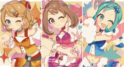 3girls alternate_costume arm_warmers bead_necklace beads blonde_hair blue_eyes blue_feathers blush bow bracelet brown_hair choker commentary_request crop_top earrings eyelashes feathers fluffy green_eyes green_hair grey_eyes hair_bow hair_ornament hair_ribbon heart heart_hands highres idol jewelry lisia_(pokemon) long_hair looking_at_viewer may_(contest)_(pokemon) may_(pokemon) midriff multiple_girls navel necklace nintendo official_alternate_costume one_eye_closed open_mouth pink_bow pink_shirt pink_skirt pleated_skirt poke_ball poke_ball_(basic) pokemon pokemon_(anime) pokemon_journeys pokemon_oras ribbon serena_(pokemon) shirt short_hair shorts sidelocks skirt smile sumeragi1101 wrist_cuffs