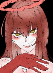 Rule 34 | 1girl, black background, chainsaw man, close-up, closed mouth, gloves, halo, hashtag-only commentary, light smile, long hair, makima (chainsaw man), red gloves, red hair, red halo, red pupils, ringed eyes, simple background, solo, yellow eyes, yuzuhito (kwazukin)