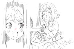 2girls amaori_renako artist_name clothes_hanger hair_ornament holding holding_cloth holding_clothes_hanger ishii_hisao koyanagi_kaho multiple_girls panicking sketch smile the_shining watashi_ga_koibito_ni_nareru_wake_naijan_murimuri!
