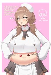 1girl absurdres apron border bready_(nikke) breasts brown_eyes brown_hair brown_skirt choker cowboy_shot fat fat_woman goddess_of_victory:_nikke grabbing_own_stomach hair_between_eyes hat highres huge_breasts long_hair long_sleeves looking_to_the_side low_twintails miniskirt navel pink_background pleated_skirt shirt simple_background skirt solo standing stomach tiredtorto twintails white_border white_hat white_shirt