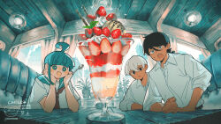 1girl 2boys absurdres ahoge ahoge_girl_(jimini_shijimi) aqua_eyes aqua_hair aqua_sailor_collar aqua_theme black_eyes blush_stickers booth_seating bright_pupils brown_neckerchief building ceiling ceiling_light chocolate_syrup city cityscape clenched_hand collared_shirt commentary_request crossed_bangs curtains dark-skinned_male dark_skin day double-parted_bangs dress_shirt elbow_rest elbows_on_table fisheye food food_focus fruit glass hair_between_eyes hand_on_table hands_on_own_face highres ice_cream indoors jimini_shijimi long_bangs long_sleeves looking_at_food multiple_boys neckerchief open_mouth original parfait parted_lips plant potted_plant restaurant sailor_collar sailor_shirt school_uniform sharp_teeth shirt short_hair short_sleeves sidelocks sitting skyscraper sleeves_rolled_up smile sparkle star-shaped_pupils star_(symbol) strawberry sweatdrop symbol-shaped_pupils table teeth upper_teeth_only watermark whipped_cream white-haired_man_(jimini_shijimi) white_pupils white_shirt window wooden_table