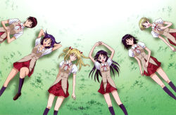 00s 6+girls black_hair blonde_hair breasts highres large_breasts long_hair looking_at_viewer lying miniskirt multiple_girls on_back on_floor on_grass on_ground open_mouth outdoors sarah_adiemus sawachika_eri school_rumble school_uniform short_hair skirt small_breasts smile suou_mikoto_(school_rumble) takano_akira tsukamoto_tenma tsukamoto_yakumo twintails