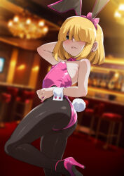 1girl absurdres animal_ears ass black_eyes black_pantyhose blonde_hair fake_animal_ears fake_tail high_heels highres indoors jcm2 leotard loli lucy_loud pantyhose pink_leotard playboy_bunny rabbit_ears rabbit_tail solo stool tail the_loud_house