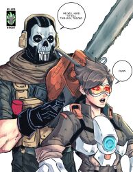 1boy 1girl absurdres black_gloves call_of_duty chainsaw country_connection crossover english_text ghost_(modern_warfare_2) gloves goggles headphones highres holding holding_chainsaw i_think_we&#039;re_gonna_have_to_kill_this_guy_steven_(meme) lordkillerghost mask meme overwatch skull_mask spanish_commentary speech_bubble tracer_(overwatch)
