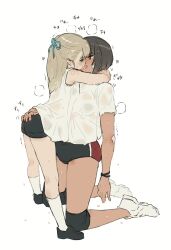 2girls absurdres age_difference arms_around_another&#039;s_neck black_buruma blonde_hair blue_eyes blue_ribbon blush breasts bright_pupils brown_eyes brown_hair buruma character_age dark-skinned_female dark_skin eye_contact female_focus french_kiss full_body gym_uniform hand_on_another&#039;s_ass height_difference highres hug kei_(m_k) kiss kneeling large_breasts loli long_hair looking_at_another m_k multiple_girls onee-loli original ponytail ribbon rika_(m_k) saliva saliva_trail see-through_clothes shirt shoes short_hair short_shorts short_sleeves shorts simple_background size_difference sleeveless sleeveless_shirt small_breasts sneakers socks steam steaming_body sweat sweaty_clothes tall_female thighs tomboy tongue tongue_out track_uniform translation_request very_sweaty white_pupils white_shirt white_socks yuri