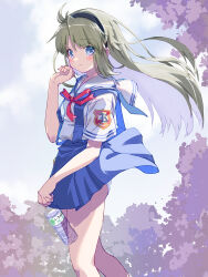 Rule 34 | 1girl, akayama yukihe, backlighting, black hairband, blue eyes, blue skirt, blush, bottle, clannad, closed mouth, clothes lift, cloud, cloudy sky, commentary, day, eyes visible through hair, feet out of frame, floating clothes, floating hair, grey hair, hair between eyes, hairband, hand up, happy, highres, hikarizaka private high school uniform, holding, holding bottle, long hair, looking at viewer, outdoors, panties, panty peek, red ribbon, ribbon, sailor collar, sakagami tomoyo, school uniform, serafuku, shirt, short sleeves, skirt, skirt lift, sky, smile, solo, standing, straight hair, summer uniform, suspender skirt, suspenders, underwear, very long hair, water bottle, white panties, white sailor collar, white shirt, wind, wind lift