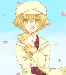 Rule 34 | 00s, 1boy, bad id, bad pixiv id, beret, blonde hair, newsboy cap, cat, cherry blossoms, clannad, dual persona, gradient background, hat, lowres, male focus, minami to uri to, petals, shima katsuki, short hair, solo, time paradox, yellow eyes