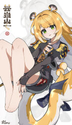 1girl absurdres animal_ears barefoot blonde_hair chinese_text english_text full_body green_eyes highres long_hair long_sleeves looking_at_viewer mixed-language_text orange_hair parted_lips solo tail tiger_ears tiger_girl tiger_tail very_long_hair white_background yueguang_xiaofeiyang zenless_zone_zero zoom_layer