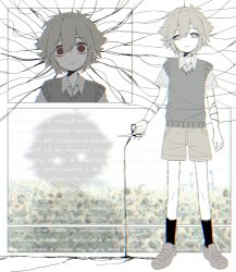 Rule 34 | 2boys, antenna hair, basil (faraway) (omori), basil (omori), black liquid, black socks, blonde hair, brown shorts, chromatic aberration, closed mouth, collared shirt, colored skin, dot nose, double-parted bangs, empty eyes, english text, flower, grey eyes, grey shoes, grey sweater vest, hair between eyes, head tilt, highres, holding, holding scissors, kneehighs, loafers, looking at viewer, male focus, multiple boys, multiple views, my loleeta, no pupils, omori, parted lips, red eyes, scissors, shirt, shoes, short hair, short sleeves, shorts, simple background, socks, something (omori), spoilers, standing, straight-on, stranger (omori), sunflower, sweater vest, white background, white shirt, white skin, wide-eyed