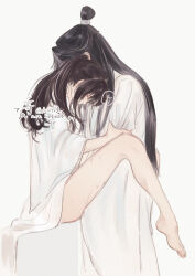 1010923 2boys alternate_costume bare_legs barefoot bathrobe black_hair blush brown_hair chinese_clothes closed_mouth clothed_sex clothes_grab crying crying_with_eyes_open feet from_side grey_eyes hanfu hickey high_ponytail highres hug implied_sex lan_wangji long_hair long_sleeves looking_down male_focus missionary modao_zushi multiple_boys on_bed partially_undressed ponytail profile robe sex sidelocks simple_background sitting speech_bubble spread_legs standing sweat tears topknot twitter_username watermark wei_wuxian white_background white_robe wide_sleeves xiao_guan_(headdress) yaoi