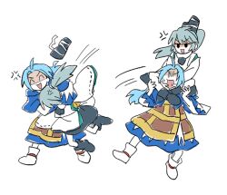 Rule 34 | &gt; &lt;, 2girls, anger vein, angry, blue hair, boots, buddhist nun, commentary request, false smile, fighting, grey boots, grey hair, hat, japanese clothes, kariginu, kumoi ichirin, long hair, mononobe no futo, multiple girls, open mouth, pom pom (clothes), ponytail, re ghotion, ribbon-trimmed sleeves, ribbon trim, scissorhold, simple background, smile, tate eboshi, touhou, white background, white boots, wide sleeves