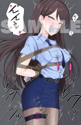 Rule 34 | 1girl, absurdres, bang dream!, bang dream! it&#039;s mygo!!!!!, bdsm, blue shirt, blue skirt, bondage, bound, breasts, brown hair, earrings, gag, glaring, highres, improvised gag, jewelry, long hair, lying, police, police uniform, policewoman, purple eyes, sample watermark, sex toy, shibari, shiina taki, shirt, skirt, solo, tape, tape gag, watchimen, watermark