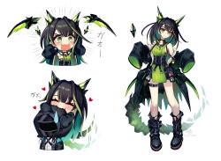 1girl 1other ambiguous_gender arknights bare_shoulders biting_another&#039;s_head black_hair black_shoes commentary doctor_(arknights) dress full_body gao green_dress green_eyes heart hood hood_down lcxyzzz mon3tr_(arknights) multicolored_hair multiple_views off_shoulder open_mouth shoes simple_background sleeveless sleeveless_dress sleeves_past_fingers sleeves_past_wrists smile streaked_hair sweatdrop tail tail_wagging white_background