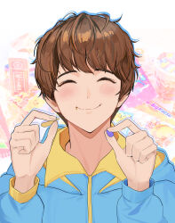 1boy absurdres blue_hoodie blush brown_hair candy chips_(food) closed_eyes closed_mouth commentary_request food gummy_candy highres holding holding_candy holding_food hood hoodie inoue_shouma kamen_rider kamen_rider_gavv_(series) long_sleeves male_focus potato_chips short_hair smile solo tnkudonya tokusatsu two-tone_hoodie upper_body yellow_hoodie