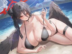 Rule 34 | 1girl, beach, bell, bikini, black bikini, black choker, black hair, black wings, blue archive, blush, breasts, choker, collarbone, commentary, feathered wings, hair between eyes, hair bun, halo, hasumi (blue archive), hasumi (swimsuit) (blue archive), highres, huge breasts, long hair, long hair between eyes, looking at viewer, low wings, lying, neck bell, official alternate costume, official alternate hairstyle, on side, plaster (2501), red eyes, red halo, single hair bun, smile, solo, swimsuit, thigh strap, wet, wings