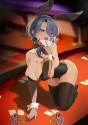 1girl absurdres animal_ear_hairband animal_ears bare_shoulders black_leotard black_shoes black_thighhighs blue_eyes blurry blurry_background breasts cleavage collarbone earrings elbow_gloves fake_animal_ears gleam gloves grey_hair hairband highres jewelry kebohan kneeling large_breasts leotard long_hair on_table open_mouth phase_connect playboy_bunny poker_chip rabbit_ear_hairband rabbit_ears second-party_source shadow shisui_michiru_(phase_connect) shoes solo strapless strapless_leotard table thighhighs virtual_youtuber white_wrist_cuffs wrist_cuffs