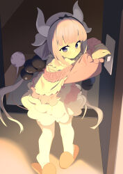 1girl absurdres beads black_hairband blue_eyes blunt_bangs capelet closed_mouth commentary_request doorway dragon_girl dragon_horns dress electric_plug electric_plug_tail frilled_capelet frills full_body hair_beads hair_ornament hairband highres horns kanna_kamui kobayashi-san_chi_no_maidragon long_hair long_sleeves low_twintails pov_doorway puffy_long_sleeves puffy_sleeves purple_hair slippers solo tail thighhighs twintails wako_(1194433260) white_thighhighs