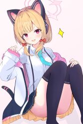 1girl :d absurdres animal_ear_headphones animal_ears aqua_necktie ass black_jacket black_tail black_thighhighs blonde_hair blue_archive blush bow breasts cat_ear_headphones cat_ears cat_tail collared_shirt commentary convenient_leg fake_animal_ears fake_tail feet_out_of_frame frilled_jacket frilled_skirt frills hair_bow halo hand_on_own_knee hand_up headphones highres hood hooded_jacket jacket knees_up long_sleeves looking_at_viewer low-tied_sidelocks miniskirt momoi_(blue_archive) multicolored_jacket necktie no_shoes off_shoulder open_clothes open_jacket open_mouth parted_bangs pink_eyes pink_halo pink_jacket red_bow ruushe0416 school_uniform shadow shirt short_hair sidelocks simple_background sitting skirt sleeves_past_wrists small_breasts smile solo sparkle suspender_skirt suspenders tail thighhighs two-sided_fabric two-sided_jacket v-shaped_eyebrows white_background white_jacket white_shirt